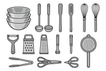 Kitchen utensils and tools arranged neatly for cooking and baking tasks in a culinary setting