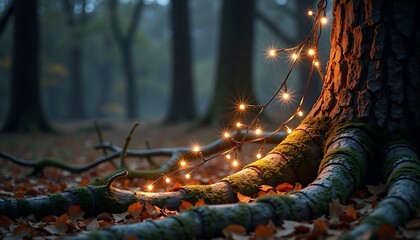 Tree trunk wrapped in fairy lights amidst autumn leaves in a mystical forest