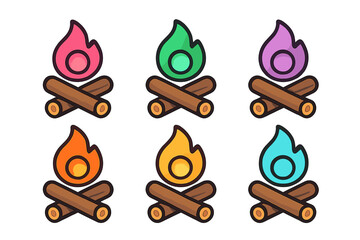 Colorful campfire icons representing different fire flames with logs stacked underneath