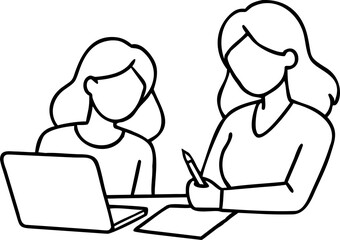 Two women discussing and collaborating in an office setting. One working on a laptop, the other writing notes