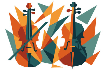 Colorful geometric design featuring two violins with abstract shapes in a vibrant display of colors and patterns