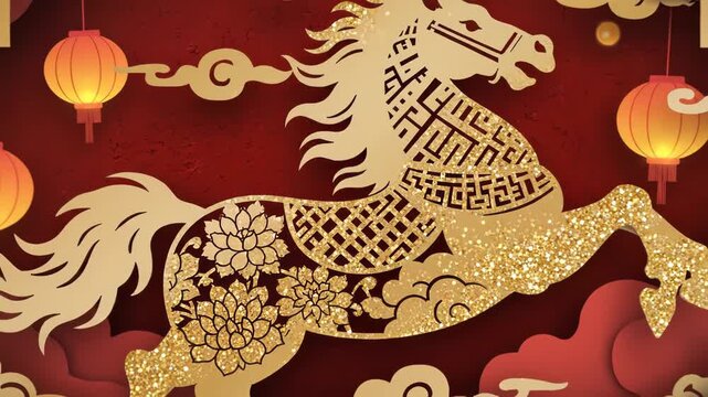 Golden papercut style horse silhouette with glitter texture celebrating chinese new year or lunar festival with red background and lanterns