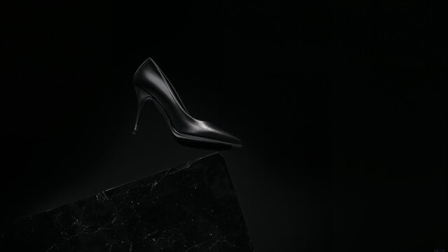 Black Leather High Heel Shoe Perched on the Edge of a Black Marble Slab