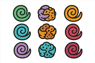 Colorful cartoon swirls in various patterns and styles creating a playful design suitable for art projects or children's activities