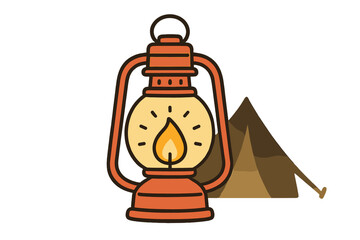 Vintage lantern illuminates a camping scene with a tent at night in a serene outdoor setting