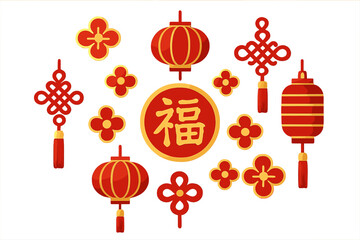 Decorative elements celebrating traditional Chinese festival with lanterns and symbols for good fortune