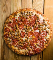 Pepperoni and Sausage Pizza – Top View, Close-Up Macro Shot