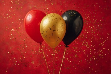 red, black, and gold balloons with golden confetti on a red background