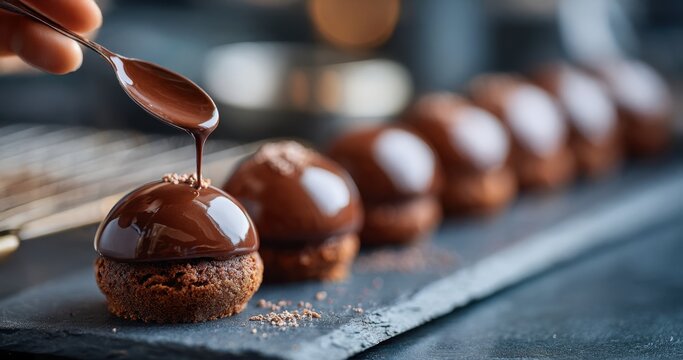 Pastry Chef Delicately Drizzling Chocolate Glaze on Artisanal Desserts in a Modern Kitchen
