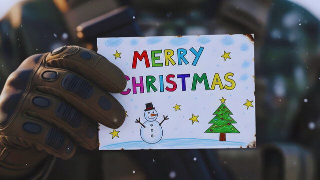 Soldier Holding Merry Christmas Wish Card from his Child – Emotional Family Bond and Dedication for his country and duty 