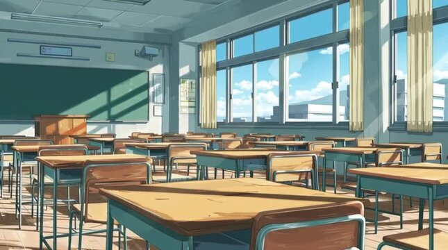 Empty anime classroom bright sunlight