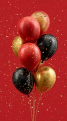 red, black, and gold balloons with golden confetti on a red background