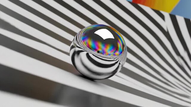 Chrome Sphere Reflecting Rainbow Colors Rolling Down Curve
