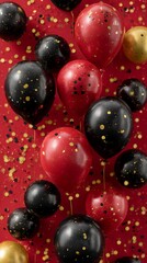 red, black, and gold balloons with golden confetti on a red background