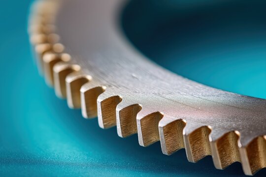 Bronze gear rim with pointed involute teeth and brushed alloy surface on turquoise mint gradient background