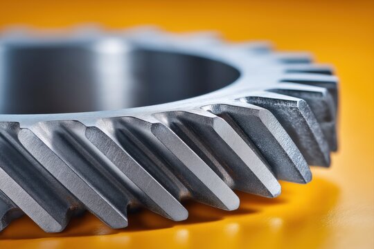 Hardened steel spur gear arc with long involute teeth and chamfered tips on yellow cyan gradient background