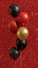 red, black, and gold balloons with golden confetti on a red background