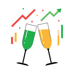 Champagne glasses clinking over stock chart golden champagne, green chart, red confetti, white background
