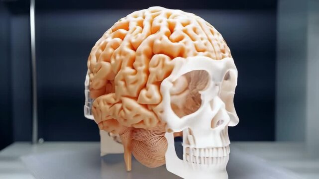 3D printer creating a detailed model of a human brain in a laboratory setting