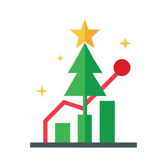 Stock chart arrow shaped like a New Year tree – green tree arrow, yellow star on top, red ornaments, white background