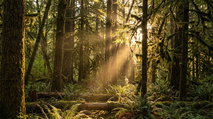 Obraz premium Sunlight beams pierce through ancient mossy temperate rainforest canopy
