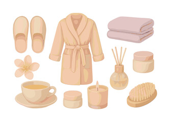 Vector Relaxation essentials: bathrobe, slippers, candle, and tea for a cozy spa experience
