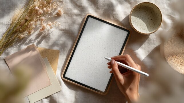 Virtual Office Workspace with Digital Tablet and Stylus in Minimalist