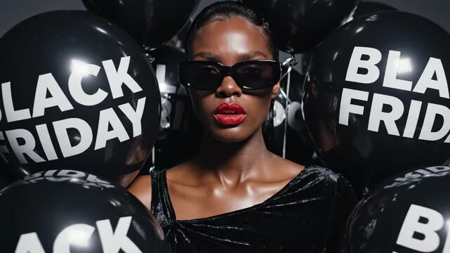 Stylish black woman with red lipstick and sunglasses surrounded by black balloons with white black friday text for holiday sale promotion
