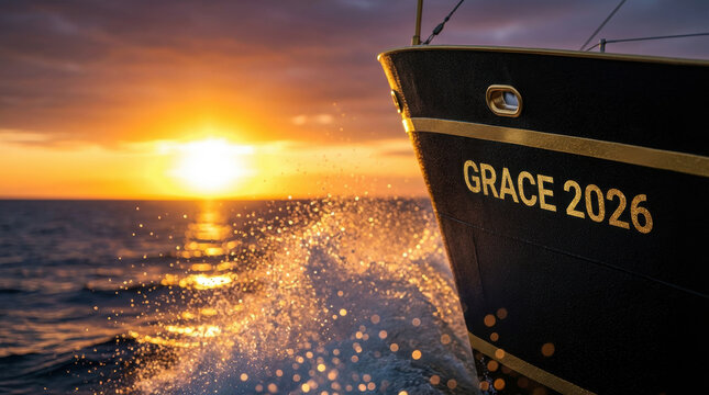 Bow of a black ship named Grace 2026 sailing into a golden sunset at sea. Inspirational New Year journey concept with splashing water and dramatic sunlight. Digital illustration.
