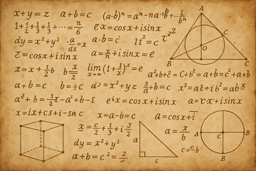 Vintage parchment paper covered with hand-drawn mathematical formulas, diagrams, and geometric sketches.