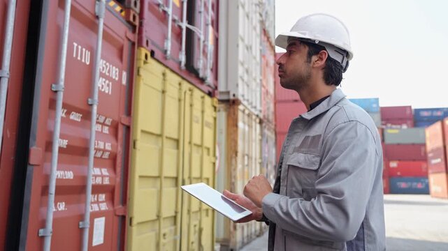 Man logistics workers use tablet computer with container background