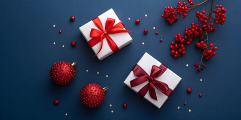 Elegant Christmas gifts with red ribbons and ornaments create a festive holiday mood on a dark blue backdrop, perfect for seasonal marketing campaigns