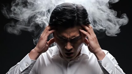 Asian businessman suffering from intense stress and headache, with smoke coming out of his head representing burnout, mental exhaustion, information overload, and professional frustration - Powered by Adobe