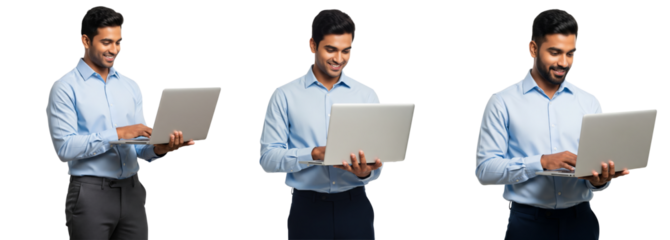 Diverse of Indian business men holding laptop isolated on white or transparent background