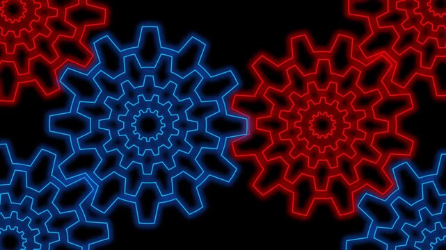 Abstract blue and red neon gears interlocking on a black background