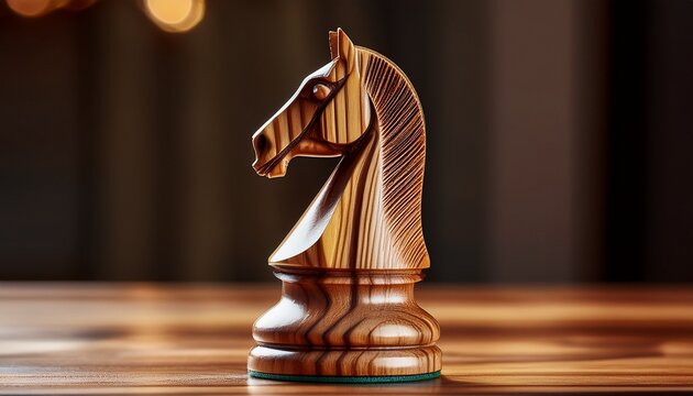 wooden chess knight piece polished with visible wood grain - Powered by Adobe