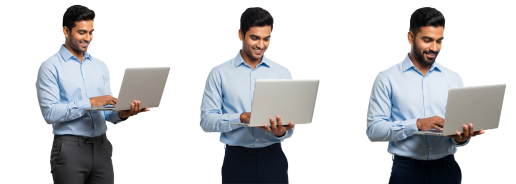 Diverse of Indian business men holding laptop isolated on white or transparent background