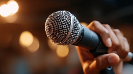 Obraz premium Hand Holding Microphone Ready for Musical Performance with Anticipation and