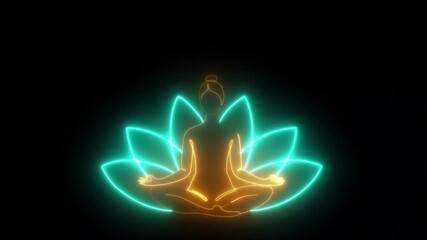 Serene woman meditating, lotus pose animated with spiritual peace and  wellness Yoga Meditation Chakras lotus concept animation meditation events background, education, practise on black background 