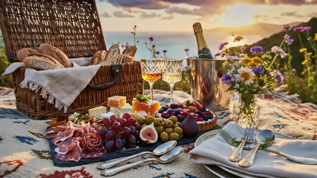 Elegant outdoor meal setting with refreshments and scenic backdrop
