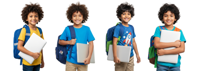 Diverse of Indian young boys wearing backpack isolated on white or transparent background
