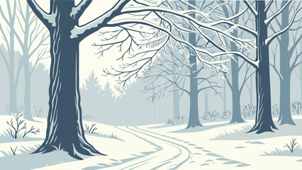 A snowy forest scene with a path winding through the trees covered in snow on a winter day landscape