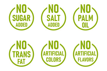 No Sugar Added Sugar-Free No Salt Added No Palm Oil No Trans Fat No Artificial Colors No Artificial Flavors Green Round Package Info Label Badge Stamp Sign Symbol Icon Set. Vector Image.