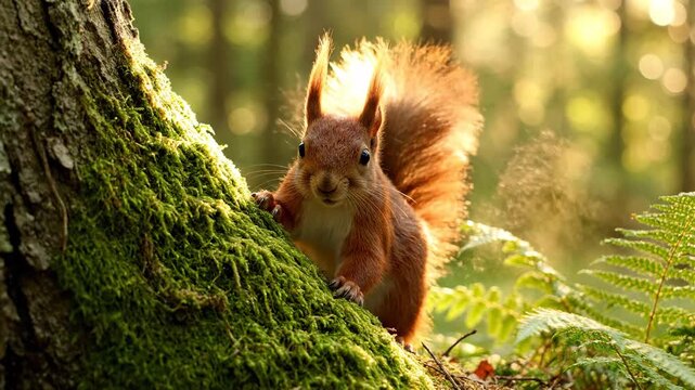 A curious squirrel perched on a moss-covered tree, bathed in sunlight. Forest bokeh in background