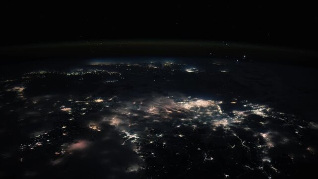 Slow Motion Night Earth City Lights ISS. Created with Public Domain images from Nasa that have been color corrected, de-noised and edited into a time lapse sequence. Ready for use in any production.