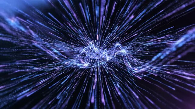 Seamless loop of glowing blue and purple digital particles flowing and converging into complex abstract network streams visualization, information, science