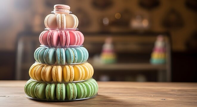 A colorful tower of French macarons stacked in a pyramid on a wooden table in a bakery.