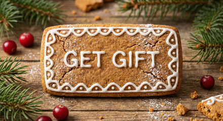 Gingerbread cookie button with white icing text GET GIFT. Christmas holiday marketing web element for seasonal promotions