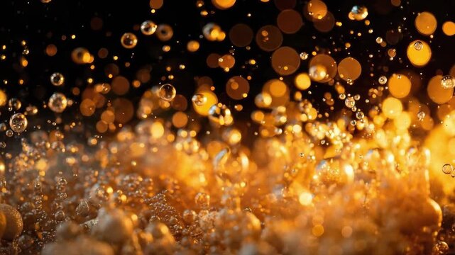 Close-up of golden champagne bubbles rising in a sparkling drink with warm bokeh lights.