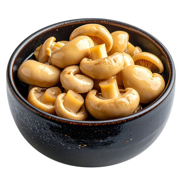Assorted pickled mushrooms in a dark bowl, a savory and earthy russian or eastern european appetizer or zakuska,isolated on white background